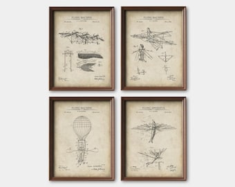Steampunk Print Set of 4 - Flying Machines - Steampunk Wall Art - Industrial Era da Vinci Style Inventions -  Art    Print Set