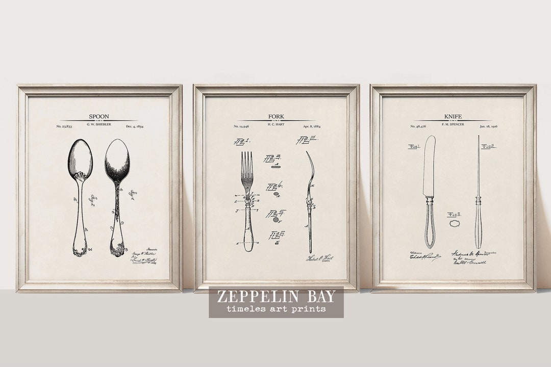 set of 8 kitchen prints, coffee print set, fork spoon... Dining Room Print Set | Fork, Spoon & Knife Patent Prints | Vintage ...