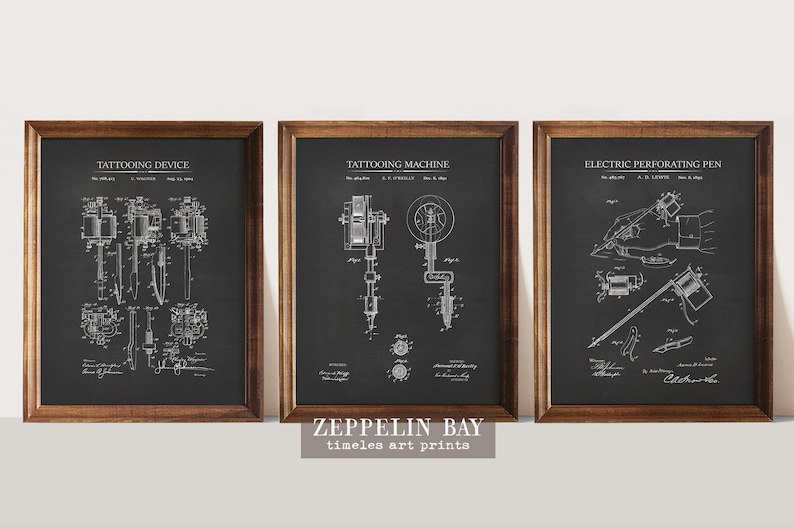 Tattoo Artist Gift Tattoo Machine Patent Prints Set of 3 Vintage Tattooing Wall Decor Tattoo Invention Posters Art Print Set afbeelding 1