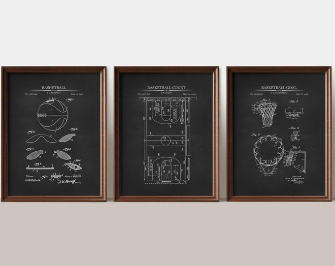 Basketball Patent Prints | Set of 3 | Basketball Wall Decor | Gift for Basketball Players & Fans | Basketball Inventions,  Art Print Set