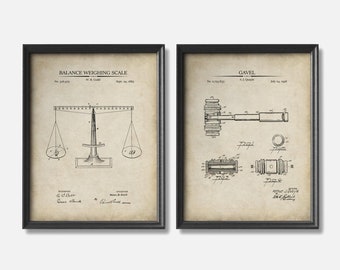 Law Patent Art Print Set | Gavel & Scale Wall Art | Law Office Decor | Gift for attorney or law student