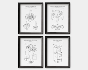 Retro Gaming Print Set of 4 | Retro Console Patent Prints | Atari, Nintendo & Arcade Game Machine Wall Art | Gift for 80s and 90s Gamers