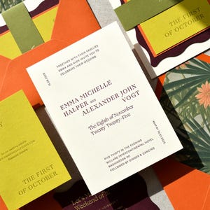 May include: A wedding invitation suite featuring white, lime green, orange, and deep purple cardstock. The main invitation displays black text announcing the marriage of Emma Michelle Halper and Alexander John Vogt on November 8, 2025, at the Willard Intercontinental Hotel in Washington DC.