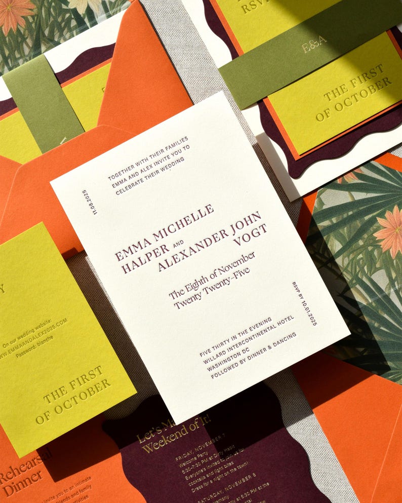 May include: A wedding invitation suite featuring white, lime green, orange, and deep purple cardstock. The main invitation displays black text announcing the marriage of Emma Michelle Halper and Alexander John Vogt on November 8, 2025, at the Willard Intercontinental Hotel in Washington DC.