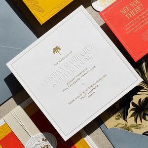 Hochzeitseinladungs-Musterpaket - The Passport Collection | Von Reisen inspirierte Hochzeitssuiten-Beispiele | Letterpress Einladungen | Palmen