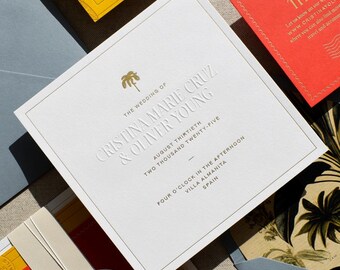 Wedding Invitation Sample Pack – The Passport Collection | Travel-Inspired Wedding Suite Samples | Letterpress Invitations | Palm Trees