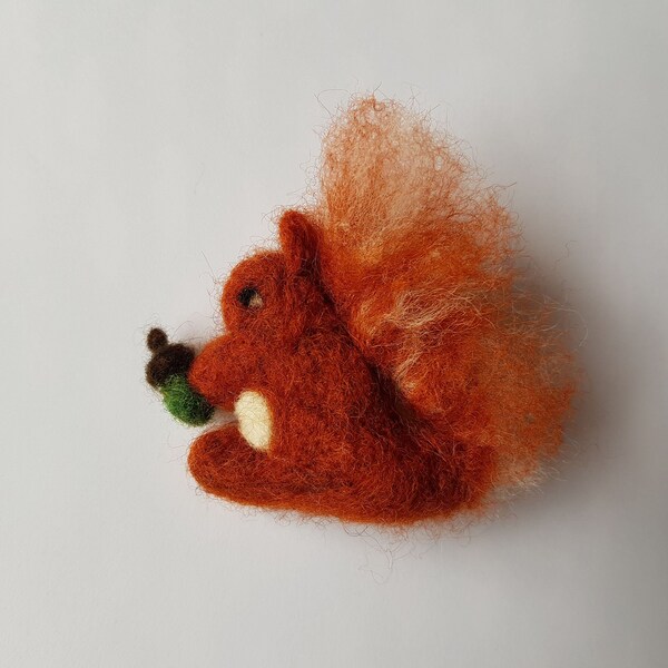 Bushy-Tailed Red Squirrel with Acorn Brooch in Needle Felted Wool