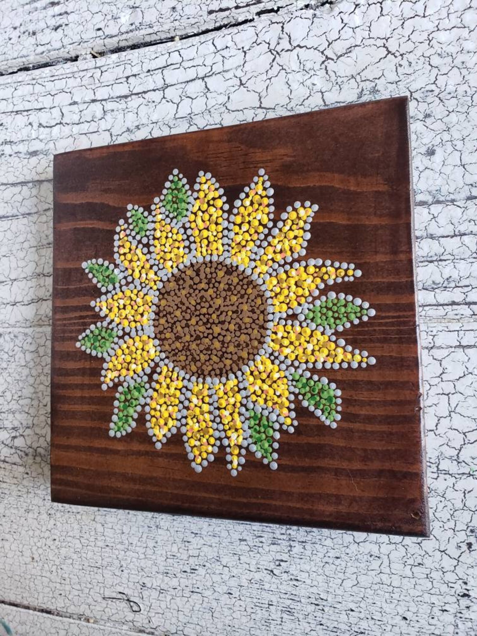 Sunflower Wooden Wall Art // 6x6 Inch // Dot Art Painting // Floral