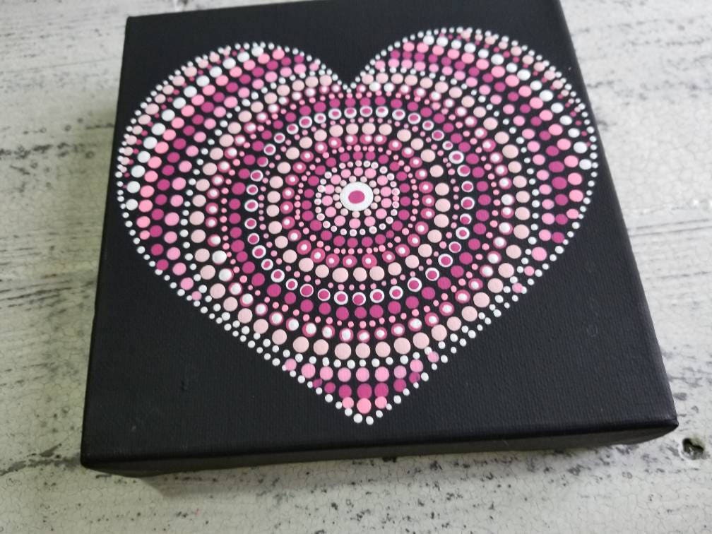 Mandala Heart Dot Painting Shades of Pink // 6x6 Inch Canvas