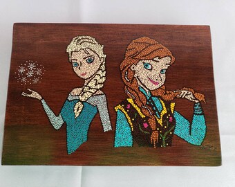 Elsa y Anna punto arte signo / pintura de madera / signo colgante / decoración de la habitación de los niños