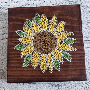 Sunflower wooden wall art // 6x6 inch // dot art painting // floral home decor // pointillism // gifts under 25 // sunflower lovers