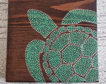 Arte de punto de tortuga marina // 6x6 pulgadas de pintura de signo de madera // decoración del hogar de tortugas marinas // arte de la pared // decoración del vivero del océano // decoración náutica