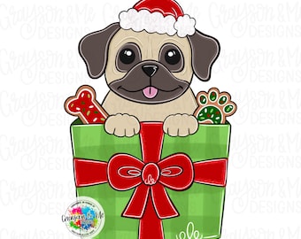 May include: A cartoon pug wearing a Santa hat peeks out of a green gift box with a red bow. The box contains a gingerbread bone and paw print cookie. The image has the text "Grayson & Me Designs".