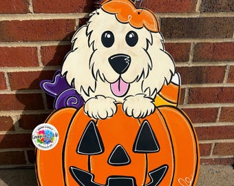 Handpainted Doodle Dog Pumpkin Door Hanger - Fall Halloween Decor