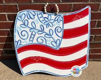 Handpainted Chinoiserie American Flag Door Hanger: 4th of July Chino Decor