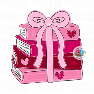 May include: A stack of four books in shades of pink and red, tied with a large pink bow. Each book has a white spine and a heart design. The image includes the text "Grayson & Me Designs".