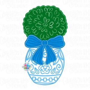 May include: A green topiary design with a blue bow and a decorative vase. The vase has a floral and geometric pattern. The design is a digital illustration, perfect for crafting projects.