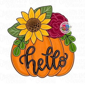 Könnte beinhalten: Illustration eines orangefarbenen Kürbisses mit einer Sonnenblume, einer burgunderfarbenen Blume und grünen Blättern. Das Wort "hello" ist in schwarzer Schreibschrift über den Kürbis geschrieben. Herbstliches Dekorationsmotiv.