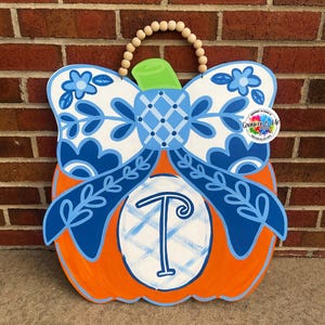 PREORDER: Chinoiserie Pumpkin Door Hanger | Fall Hanger | Pumpkin Monogram Design | Handpainted Door Hanger | Bow Personalized Door Hanger
