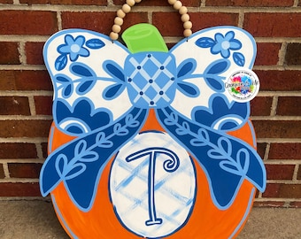 Handpainted Chinoiserie Pumpkin Door Hanger: Personalized Fall Decor