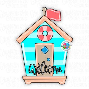 May include: A blue and white striped beach house with a red flag and a life preserver. The house has a brown door with a diamond-shaped window and the word "Welcome" written in black.