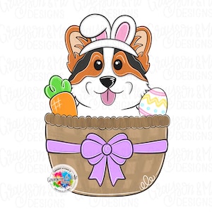 May include: A cartoon illustration of a corgi wearing bunny ears, peeking out of a brown basket with a purple bow. The basket contains a carrot and a decorated Easter egg. The corgi has a happy expression.