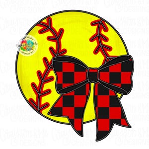 May include: A yellow softball with red stitching and a black and red buffalo plaid bow. The softball design has the text "Grayson & Mo Designs" and "Custom Allen Hope" in a circular logo.