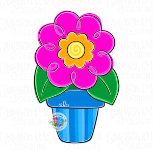 May include: A vibrant, cartoon-style flower in a blue striped pot. The flower has bright pink petals, a yellow center, and green leaves. The pot has the text "cele" and a logo that says "Grayson & Me Designs".