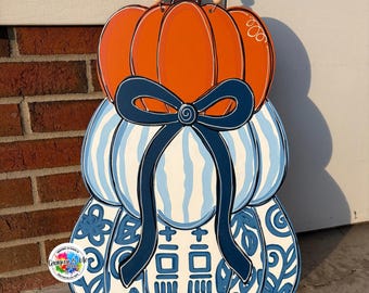 Handpainted Blue Chinoiserie Pumpkin Door Hanger - Preppy Fall Decor