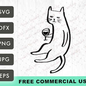 猫とワイン SVG、飲む猫のベクター、猫とワインのダウンロード、赤ワイン猫、印刷可能な猫、面白い猫のイラスト、猫のスケッチ
