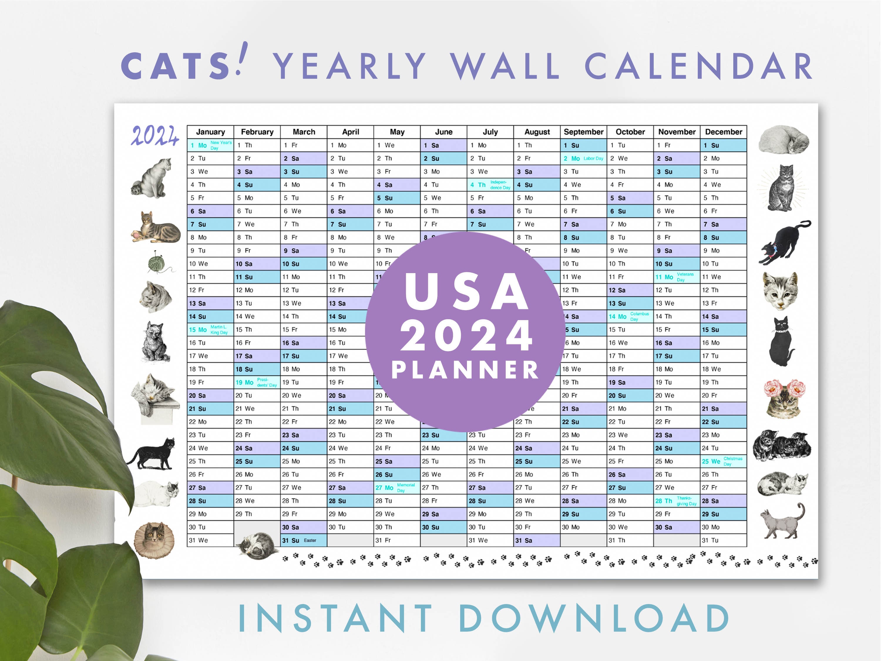 2024 Wall Calendar Printable Large USA Wall Planner Cat - Etsy