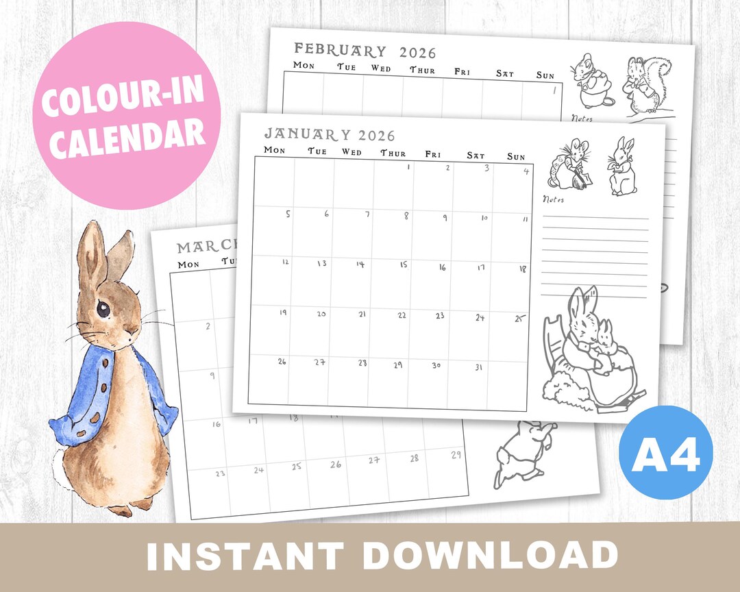 Beatrix Potter Colourin Printable 2026 Calendar, Calendar Download