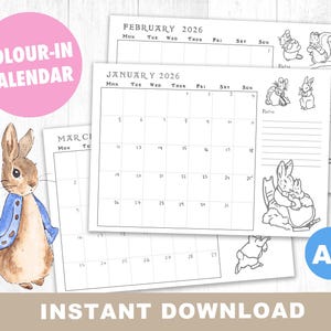 Beatrix Potter färgläggbar utskrivbar kalender 2026, Kalendernedladdning, Beatrix Potter direktnedladdning - UK och amerikansk storlek - Skriv ut hemma