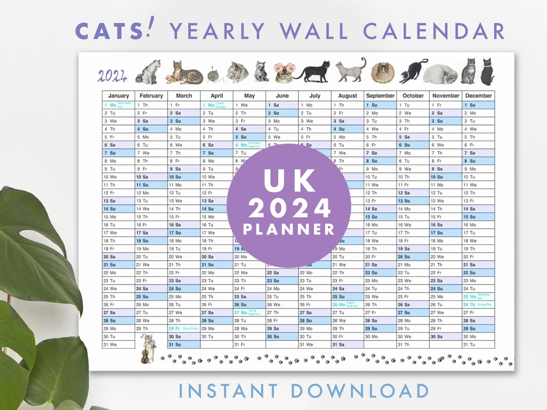 2024 Wall Calendar Printable, Large Wall Planner UK, Cat Themed Yearly