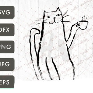 Cat SVG, Cat with tea illustration, Cat Vector, Hand drawn cat SVG, Cat Icon, Downloadable Cat SVG, Cat with Coffee Art, Cat Art