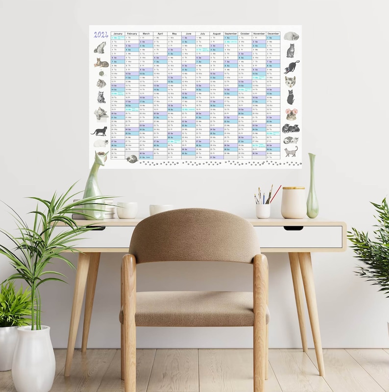 2024 Wall Calendar Printable Large USA Wall Planner Cat - Etsy