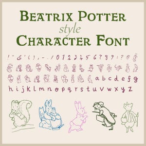 Beatrix Potter Character Font, herunterladbare Schriftart. Beatrix Potter Charaktere als Schriftart! Peter Hase. Handgezeichnete Schrift.
