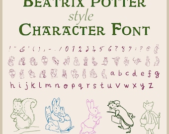 Beatrix Potter Character Font, downloadable font. Beatrix Potter characters as a font! Peter Rabbit. Hand drawn font.