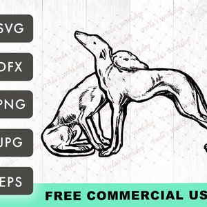Two Whippets SVG, Sighthound Vector, Pair of Greyhounds Illustration, Two sighthounds SVG, Black and white drawing