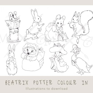 BEATRIX POTTER Coloriage en feuille, illustrations téléchargeables de Beatrix Potter, Benjamin Bunny, clipart Peter Rabbit
