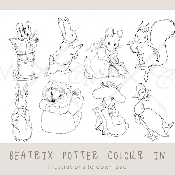 BEATRIX POTTER Colouring in sheet, Beatrix potter downloadable illustrations, Benjamin Bunny, Peter Rabbit clip art