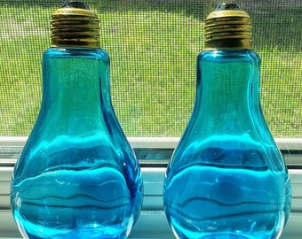 Aqua Blue Glass Light Bulb Salt + Pepper Shakers - Brass Tops Twist Off - Vintage - Made in Japan