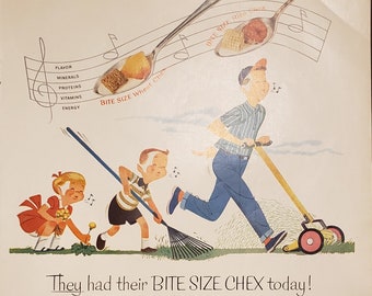 1954 Chex Cereal Vintage Print Ad 50s Kitchen Kitsch Art Print - Kids - Spring Illustrated 1950s American Life Magazine Ad