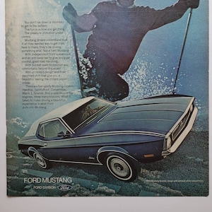 1972 Ford Mustang Ad: Blue Grandé, Winter Skiing - Original Print