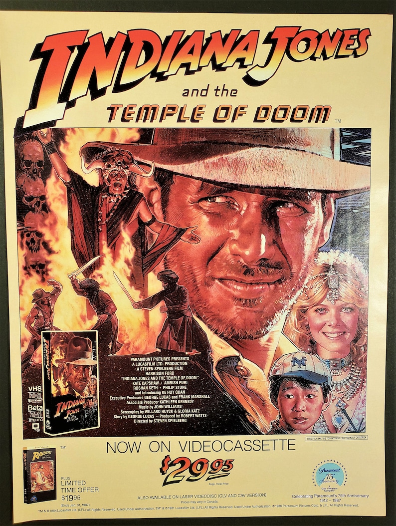 1986 Indiana Jones and the Temple of Doom VHS Movie Vintage Print Ad Page Movie Poster ~ FREE SHIPPING !!**