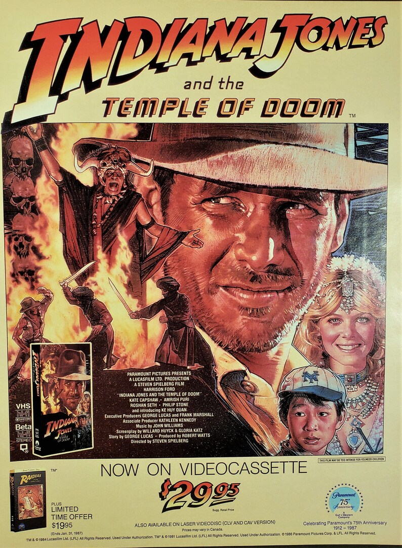 1986 Indiana Jones and the Temple of Doom VHS Movie Vintage Print Ad Page Movie Poster ~ FREE SHIPPING !!**