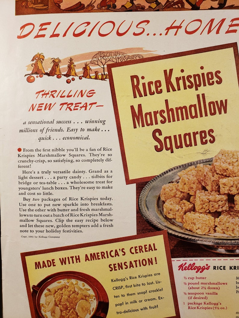 1941 Rice Krispies Treats Thanksgiving ORIGINAL Recipe Vintage Print Ad 