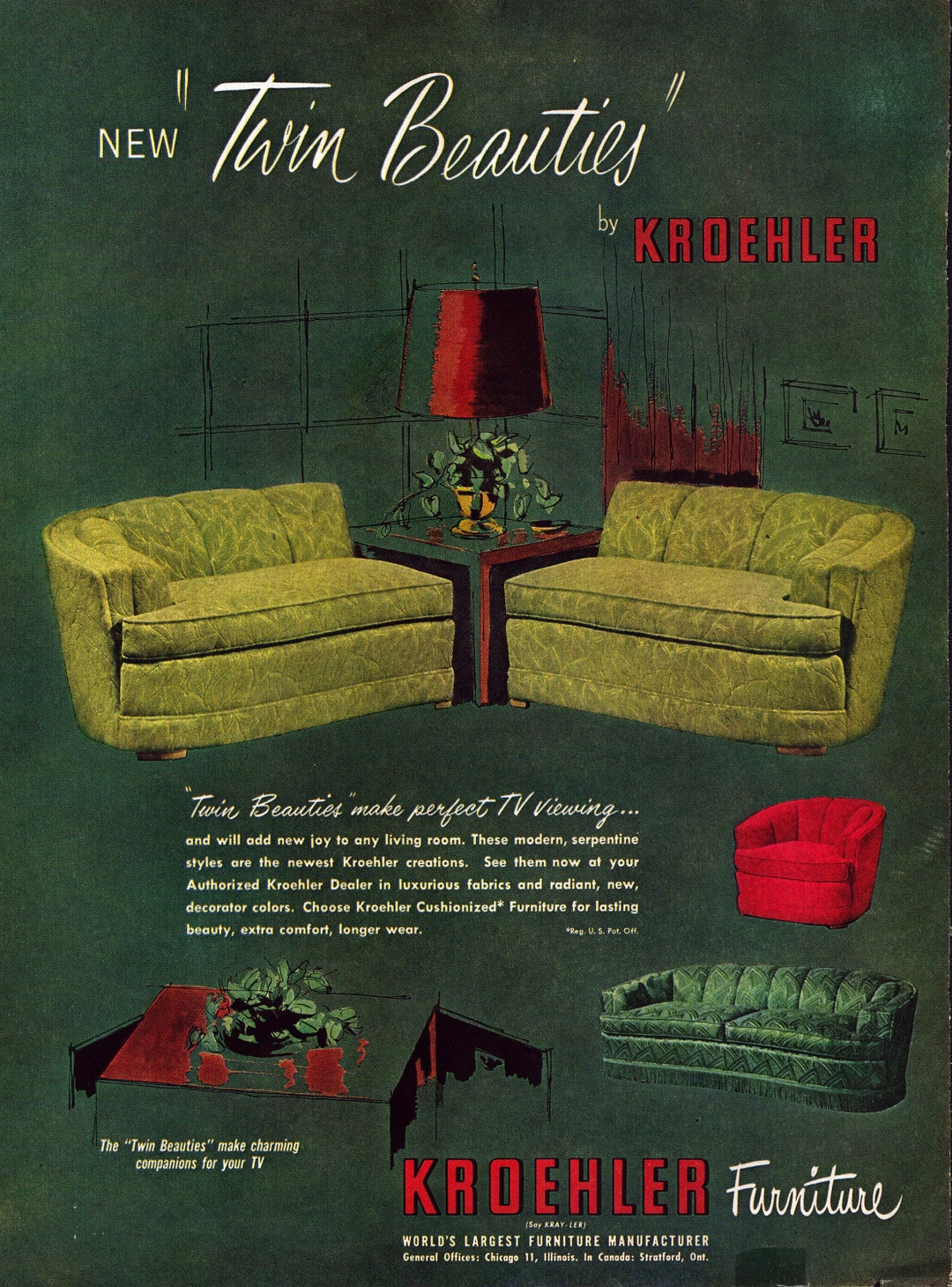 1951 Kroehler Couches Vintage Ad Twin Beauties 50s Green Sectional Sofa
