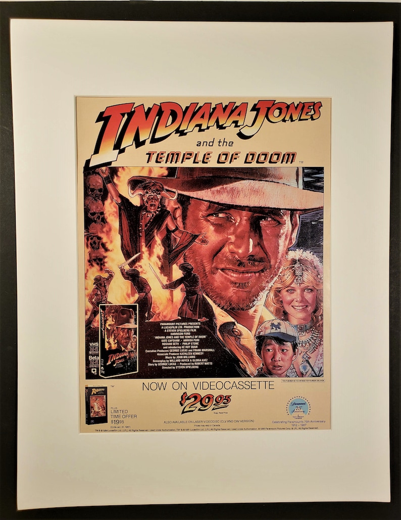 1986 Indiana Jones and the Temple of Doom VHS Movie Vintage Print Ad Page Movie Poster ~ FREE SHIPPING !!**