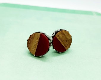 Red Stud Earrings / Wood Earrings / Minimalist Earrings /Resin Made Jewelry